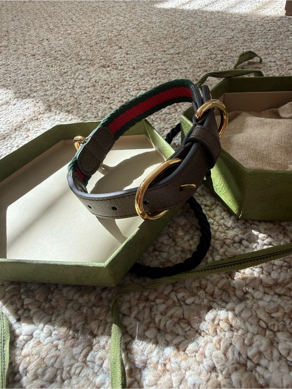 Gucci Brown Leather Dog Collar with Green and Red Web Stripe and Gold Hardware